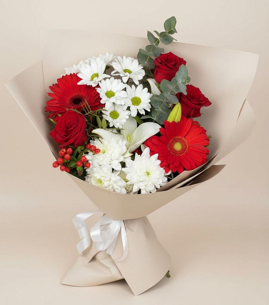 Букет цветов из: Розы, Хризантемы, Герберы и Лилии в Парусном