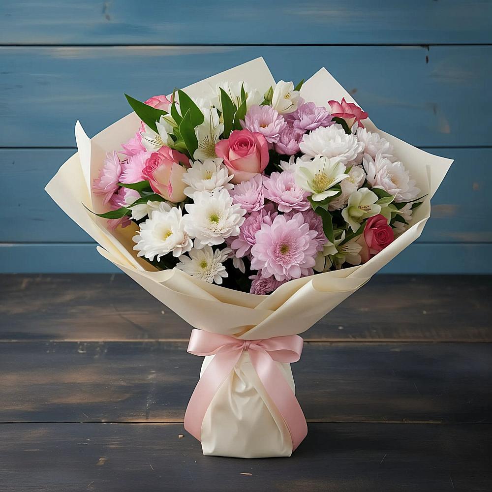 Букет цветов из: Хризантемы, Альстромерии и Розы в Парусном